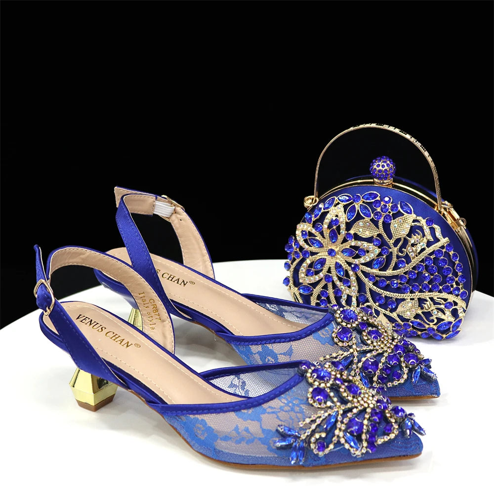 African Fachion Evening Shoes And Matching Bags Italian Design Ladies Diamond Bag High-Heeled Pointed Toe Women's Shoes