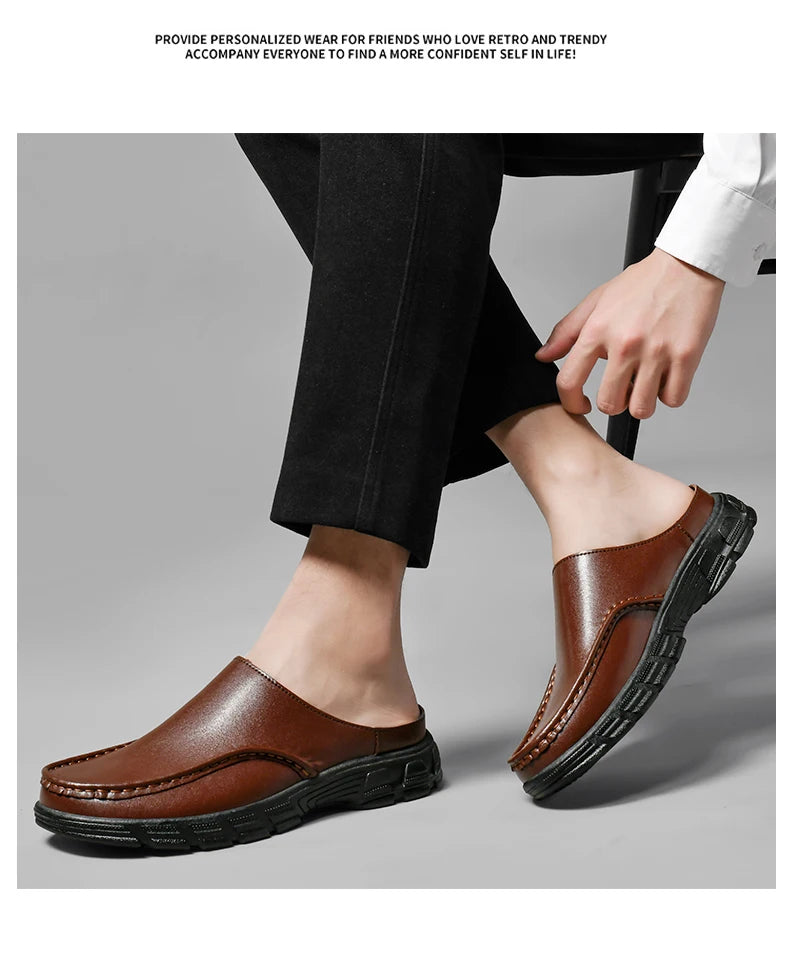 Summer Men Business Formal Shoes Genuine Leather Sandals Designers for Men Mules Outdoor Casual Slippers Comfy Office Work Shoes