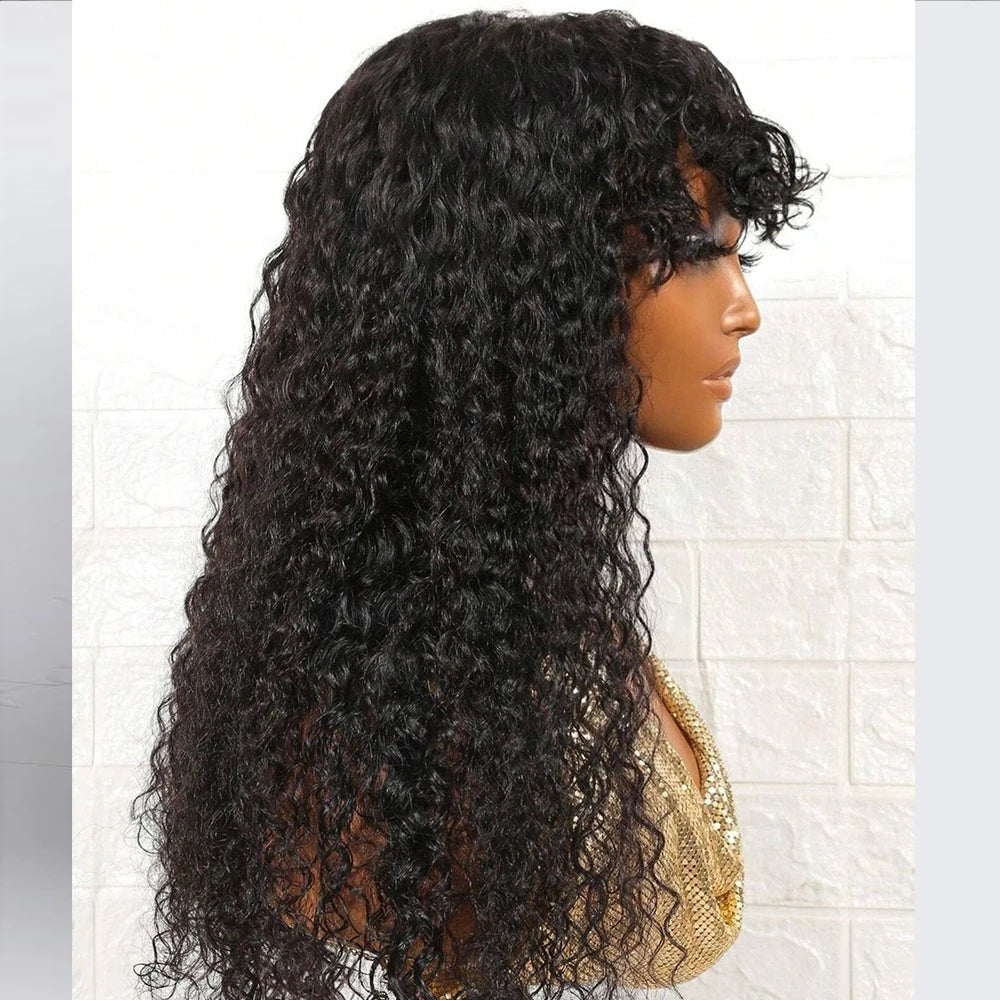 Long Water Wave Wigs For Black Women Malaysian Curly Human Hair Wigs With Bangs Full Machine Made Wigs Cheap Remy Human Hair Wig