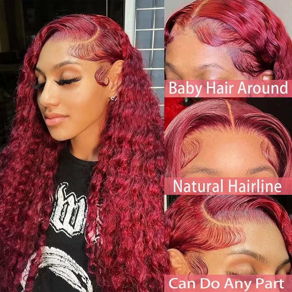 Burgundy 13x6 Hd Lace Front Human Hair Wig Curly Wig Red Wigs 40 Inch Transparent Lace Deep Wave Frontal Wig 99j 200 Density