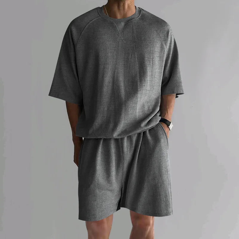 New 2026 Summer Men's Two Piece Sets Casual Loose Short Sleeve O Neck Tees and Shorts Tracksuits Men Stylish Solid Color Suits