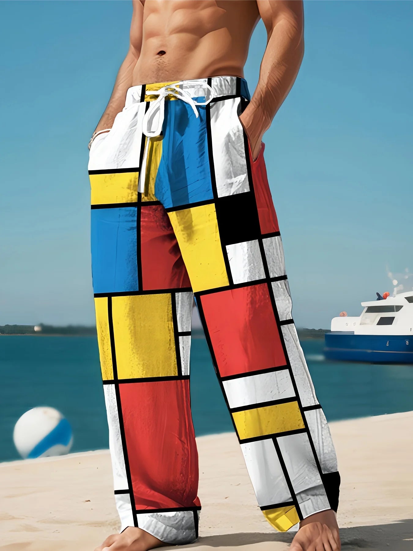 Mens Drawstring Trousers Relaxed Comfortable Geometric Patterned 3D Print Loose Fit Pants Elastic Waist Casual Summer Daily Wear