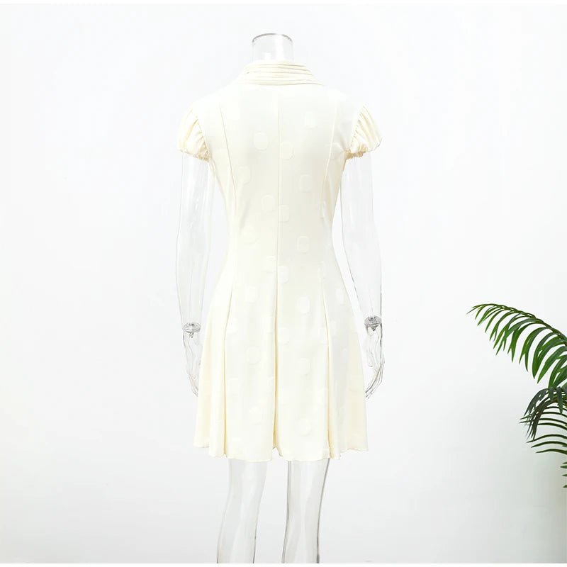 Elegant Solid Polka Dot Dress Women Sexy Deep V Neck Puff Sleeve Waist-cinching Mini  A-line Dresses 2026 Summer Lady Party Robe