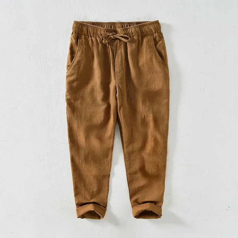 70% Linen,30% Cotton Men's Drawstring Elastic Waist Casual Pants, Straight Loose Ramie Trousers, Camping Fishing Comfortable