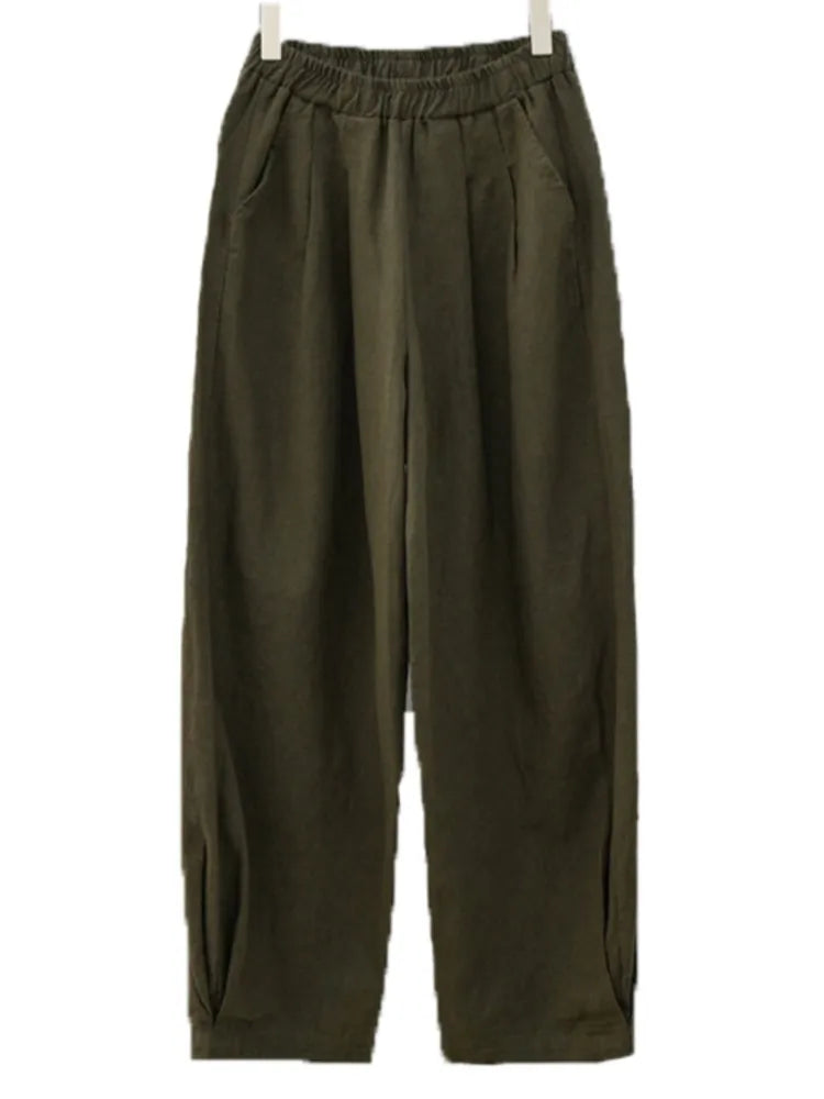 Johnature Women Loose Cotton Linen Casual Pants Solid Color Elastic Waist Lantern Pants 2025 Spring New Female Trousers