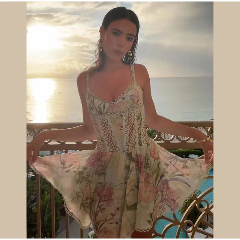 Floral Print Women's Dress Elegant Spaghetti Strap Lace Trim Hollow Out Flowy A Line Dress Lady 2026 Summer New Woman Vestidos