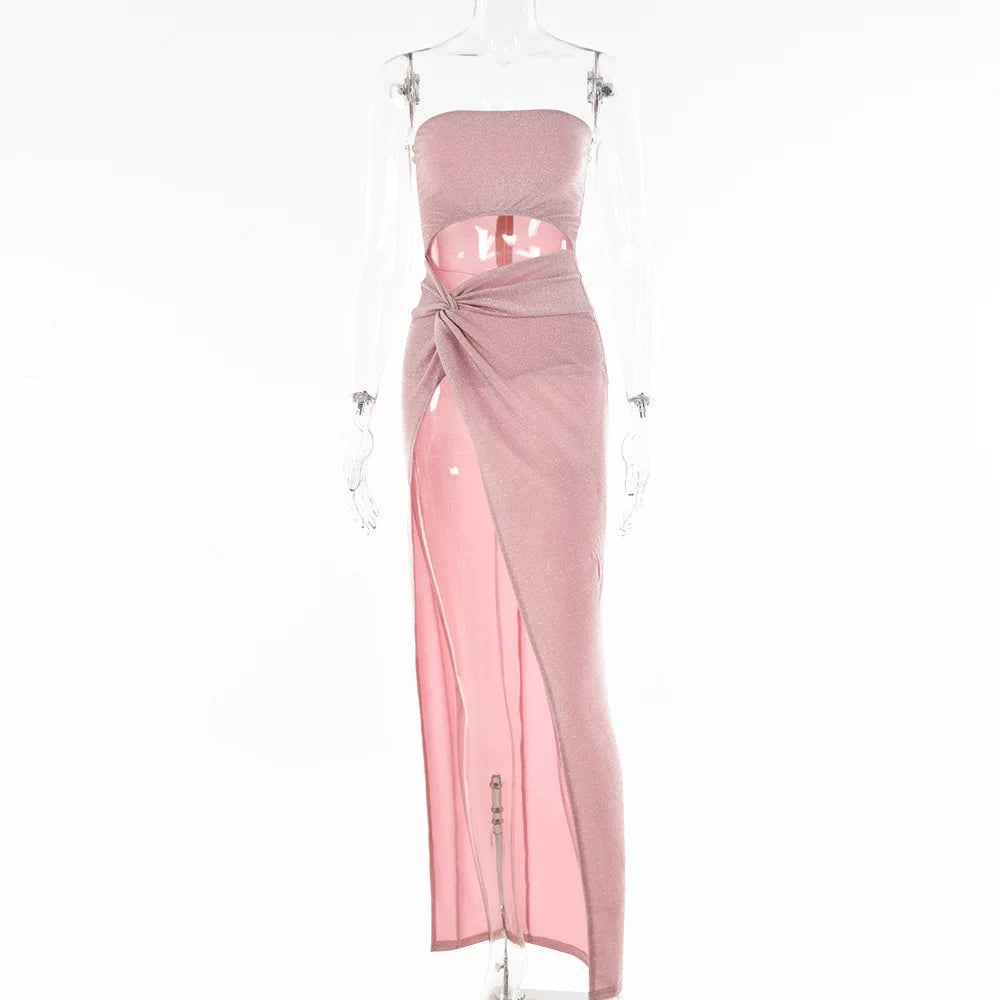 Cryptographic Summer Sexy Strapless Cut Out Slit Maxi Dress Elegant Outfits for Women Sleeveless Glitter Twist Dresses Vestido