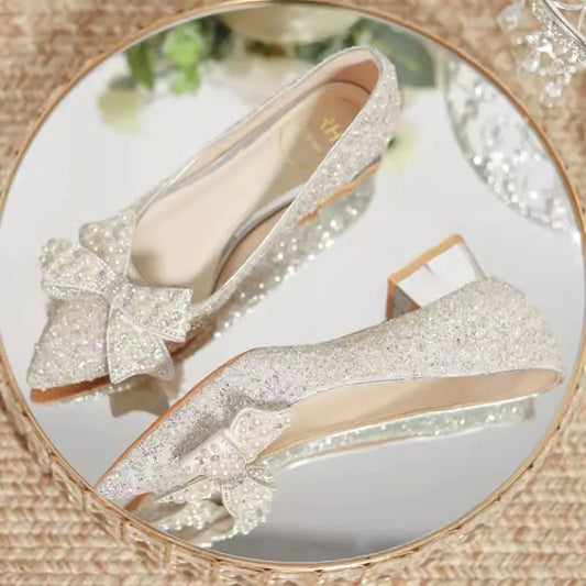 2024 New Autumn Brand Designer High Heels Luxury Pearl Crystal Bowtie White Wedding Shoes Women Pumps Thin Heeled Party Shoes