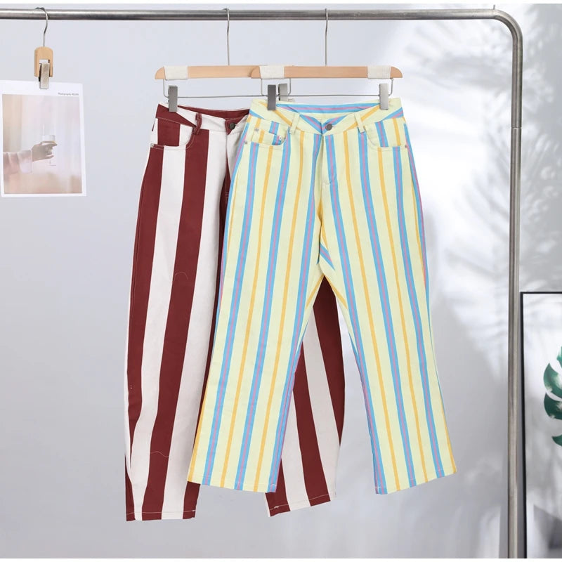 Street Striped Jeans Women's High-Waist Pockets Wide-Leg Trouser 2026 Spring Summer Retro Multicolor Vertical Stripe Denim Pant
