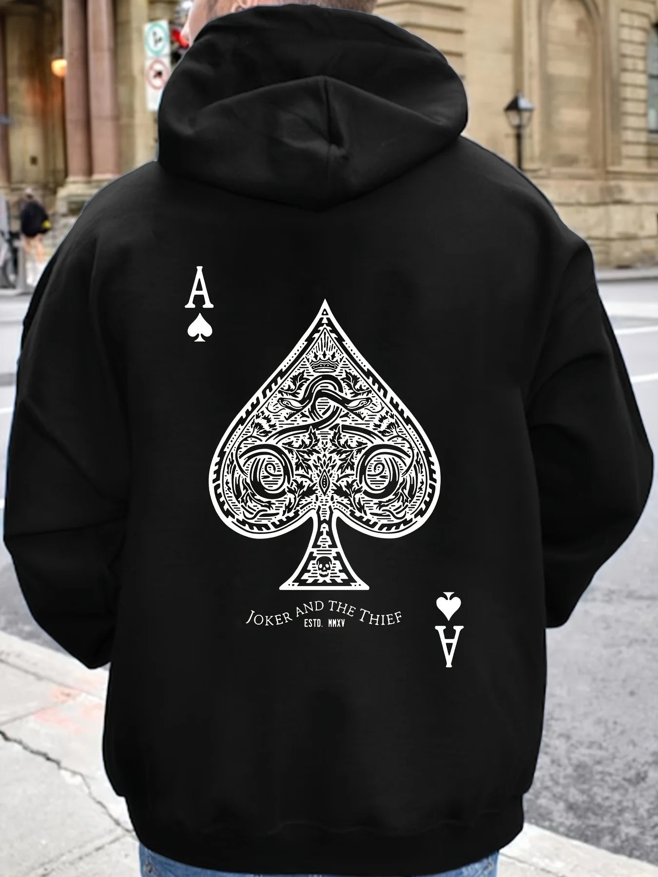 Men's autumn and winter casual fashion loose back poker card A graphic printed long sleeved hooded sweatshirt warm pullover BAZAARHUBO