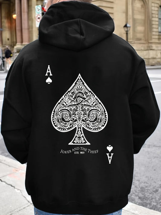 Men's autumn and winter casual fashion loose back poker card A graphic printed long sleeved hooded sweatshirt warm pullover