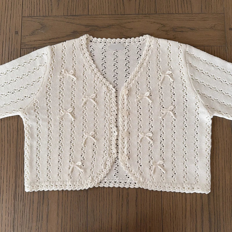 Sweet Knitted Cardigans Women Hand Crochet Bows Decoration Heart Hollow Out Sweaters for Kawaii Girls