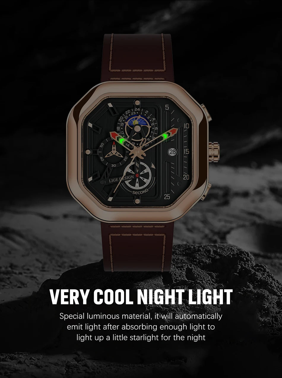 2025 LIGE Business Leather Watch For Men Top Brand Luxury Mens Watches Waterproof Quartz Wrsitwatch 24 Hours Moon Phase Clock