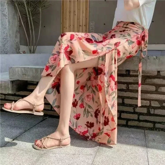 Fashion Cotton Women Floral Print Skirt Side Tie  Beach Skirts Summer High Waist Wrap Flower Long Skirt With Slit Black Skirt