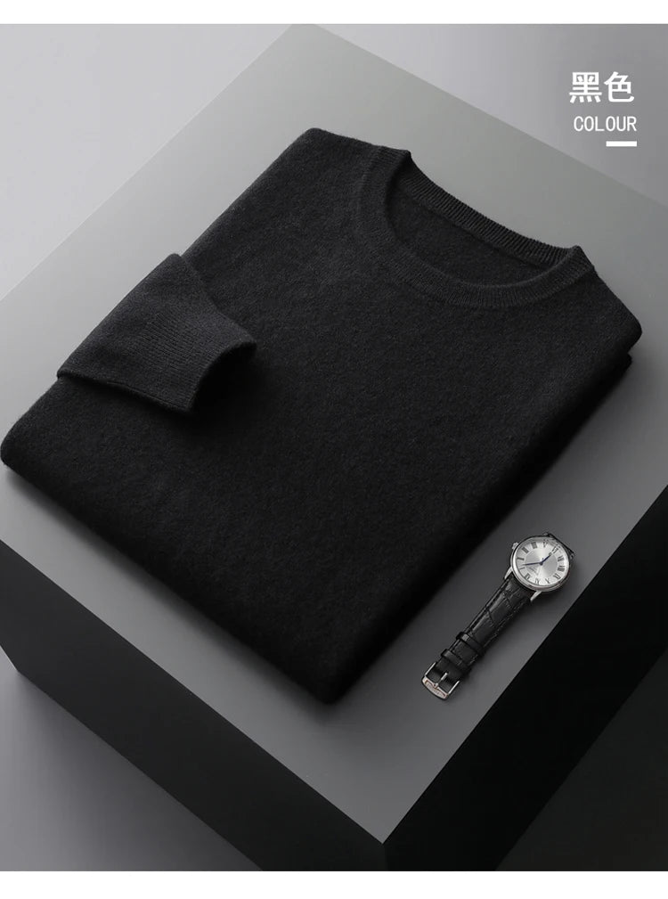 100% Merino Wool Sweater Men's O Neck Pullover Tops One-piece ready-to-wear Autumn Winter Solid Color Sweater Versatile Basic