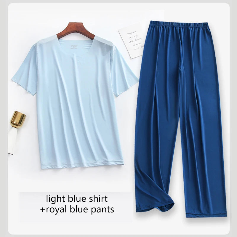 2Pcs/set Mens Ice Silk Short Sleeves T-Shirt & Long Pants Cool Thin Sleepwear Male Summer Pyjamas Home Clothing Nightwear Suit