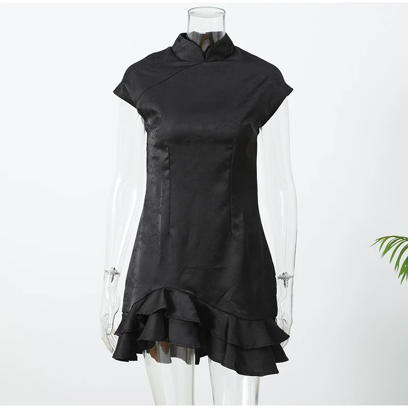 Lady Solid Satin Mini Dress Women Short Sleeve Stand Collar Patchwork Ruffle Draped Dresses Party Dinner Vestido 2026 Elegant