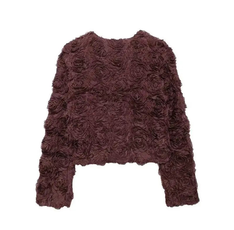 Spring and Autumn Simple Pure Color Round Neck Tops with Three-Dimensional Flower Shaped Texture Long Sleeved Jacket for Women