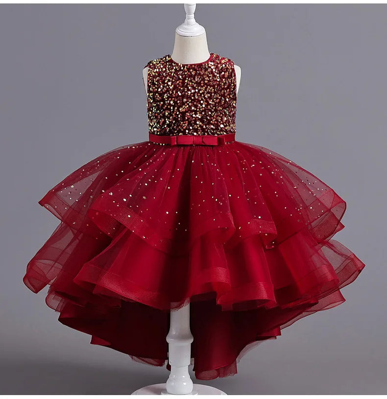 Flower Girls Princess Sequins Baby Wedding Christmas Party Trailing Dress Teenager Children Kids Elegant Vestidos for 3-15Years