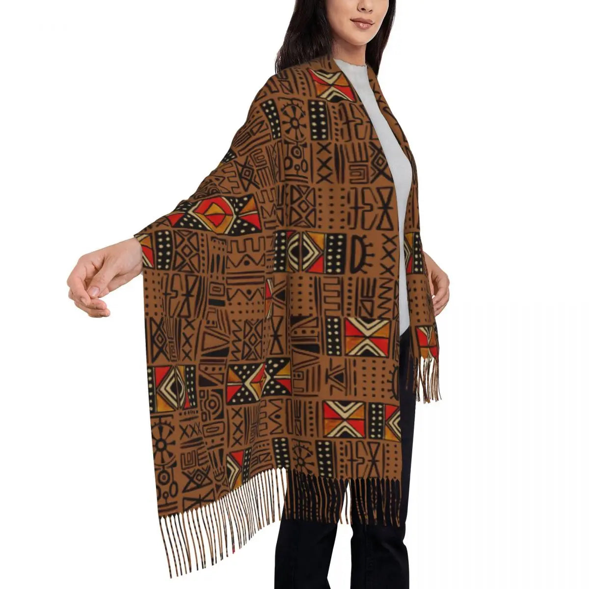 African Bogolan Africa Ethnic Tribal Art  Scarf Tassel Scarves Women Soft Warm Shawls and Wraps Large Fall Winter Shawl Wrap