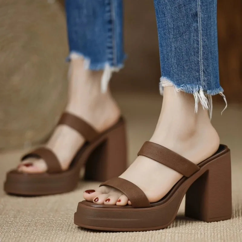 Meotina Ladies Square Toe Platform Block High Heels Slide Ladies Fashion Casual Slippers Summer Spring 40