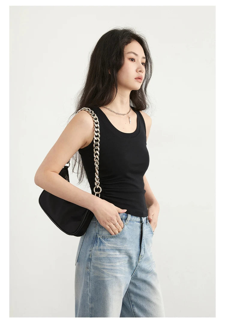 CHIC VEN Women Tanks New Solid Color Tees U-neck Pleated Vest Suspender Sleeveless Slim Female Top Spring Summer 2024
