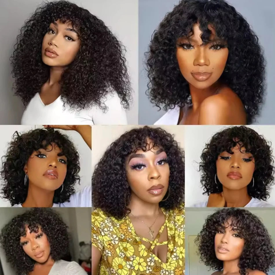 Short Curly Bob Human Hair Wig With Bangs Deep Curly No Lace 250 Density Brazilian Virgin Remy Fringe Human Hair Wigs Easy To Go
