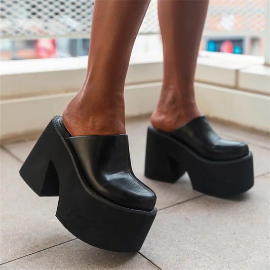 Sandals Summer 2026 New Women Slippers Baotou Platform Trend High Heels Ladies Shoes Pumps Black Soft Leather Thick Slides Mujer