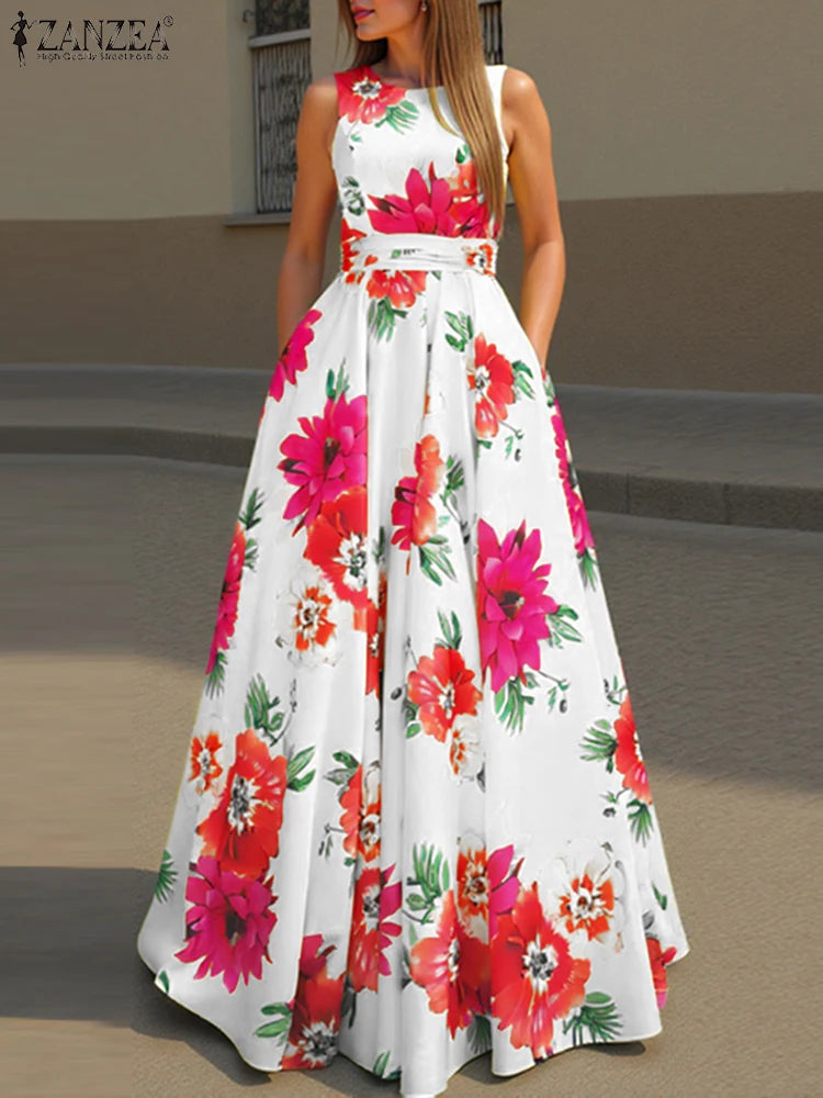 ZANZEA Women Floral Printed Bohemian Sundress 2026 Summer Tank Dress Fashion Sleeveless Waisted Robe Casual Party Maxi Dresses