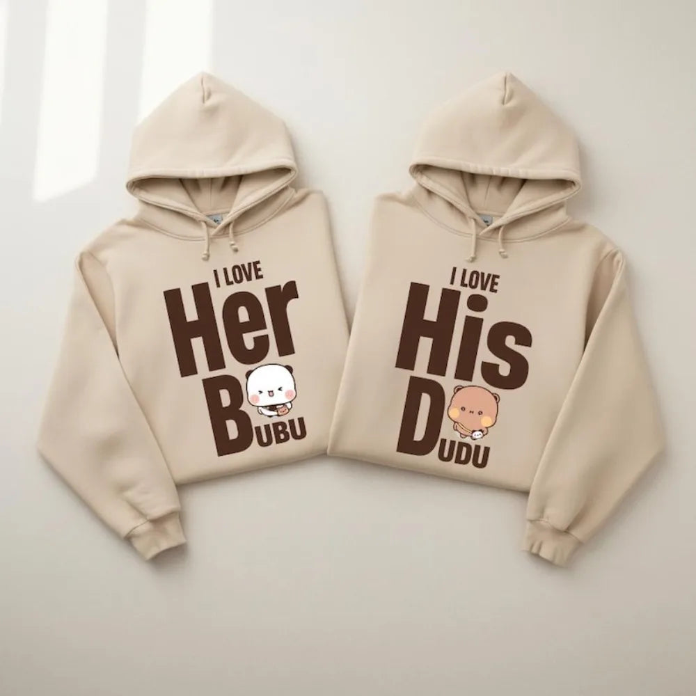 I LOVE HER HIS Bubu Dudu Bear Sweatshirt Cute Matching Couple Hoodies Anniversary Gift Clothing Men Women Casual Daily Life Tops