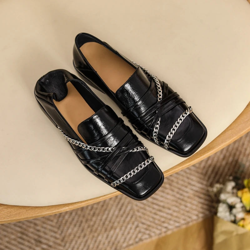 Dilalula 2025 Luxury Genuine Leather Loafers Womens Autum Spring Low Thick Heels Chain Pumps Female Leisure Natural Leather