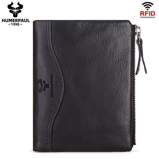 LAREET RFID Senior Short Wallet For Men Genuine Leather Wallets With Card Holder Bifold Zip Coin Pocket Small Billetera Hombre