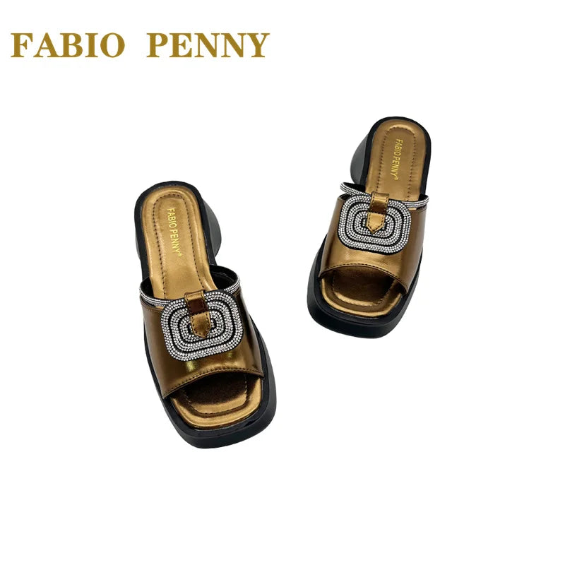 FABIO PENNY2026 new solid-color exquisite water diamond design thick-soled women's fashionable slippers and party sandals