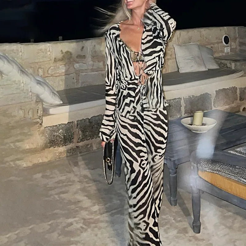 Cryptographic Animal Print Mesh Sheer Stripe Tie Front Detail Top Matching Sets Fashion Outfits 2 Piece Sets Holiday Beachwear