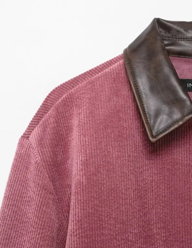 Women Pu Leather Collar Pink Cropped Jacket Corduroy Fashion Long Sleeve Zipper Coat 2026 New Lady Spring Chic Street Outwear