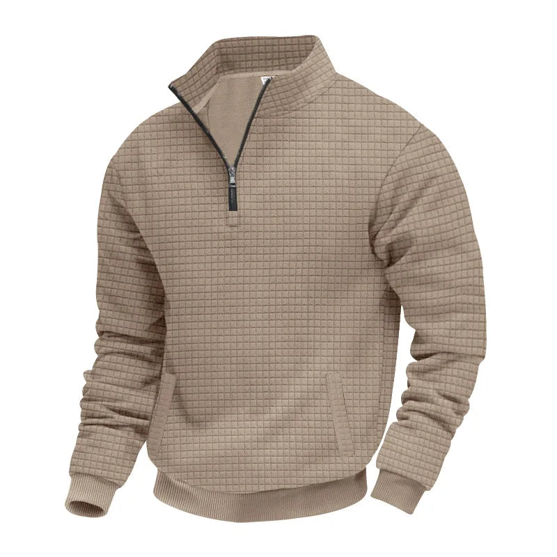 2025 Half-Zip Sweatshirt for Men, Autumn and Winter Jacquard Small Check Stand Collar Casual Pullover Fashion Men's Sweatshirt