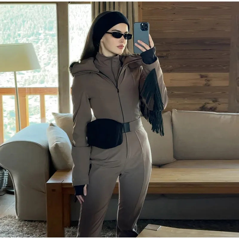 Women  Fur Collar Hooded Skiwear Fashion Solid Thicken Zipper High Waist Slim Outdoor Overalls Jumpsuit  Lady Winter Outwear
