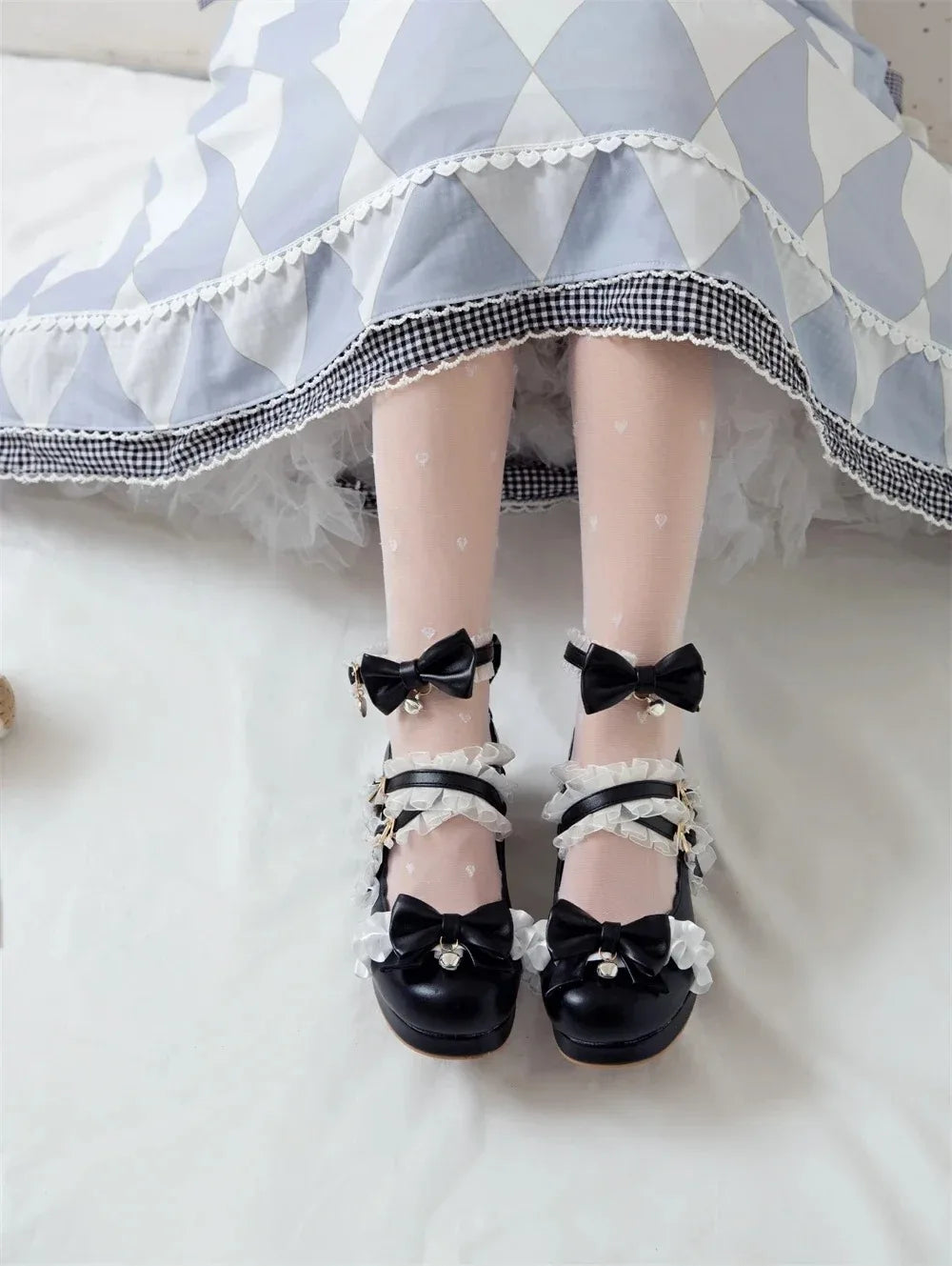 2025 Women High Heels Cross Strap Mary Jane Pumps Party Wedding White Pink Black Ruffles Bow Princess Cosplay Lolita Shoes 41