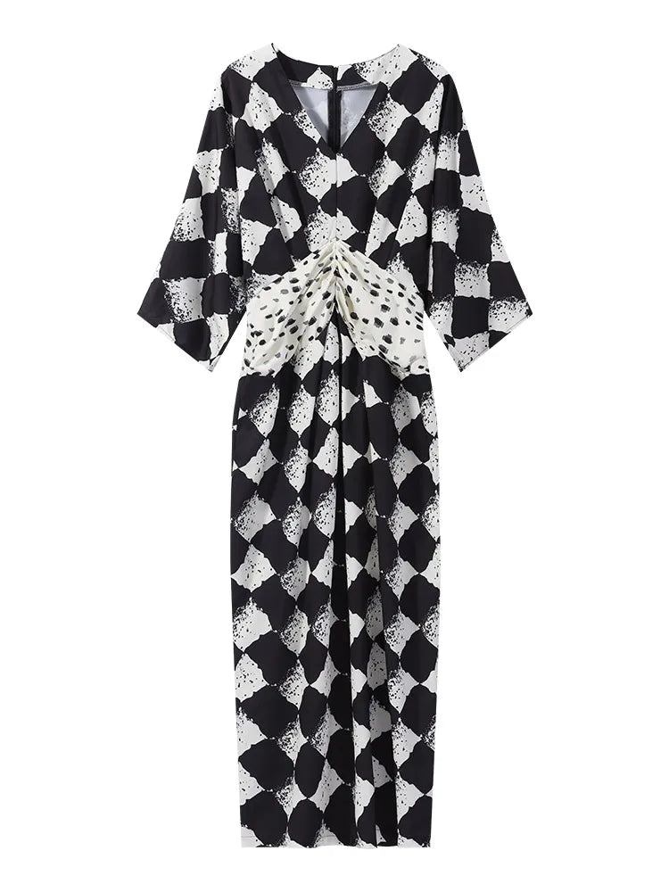 Elegant Plaid Printed Women's Dress V-neck Batwing Sleeve Waist Cinching Long Dress 2026 Spring Summer Casual Holiday Lady Robes