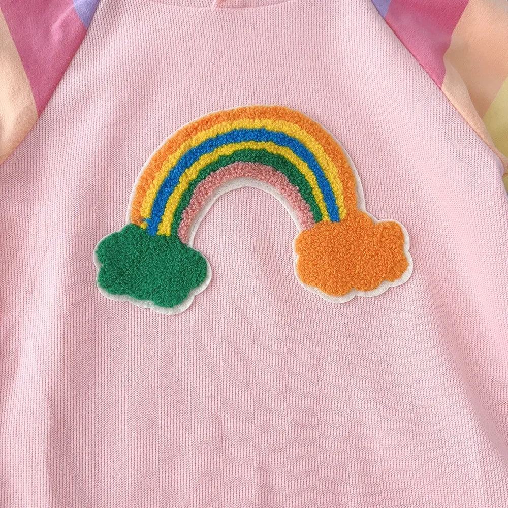 Autumn Rainbow Dress Baby Girls Party Princess Dress Korean Version Long Sleeves Kids Clothes Casual Hooded Sweatshirt Outfits