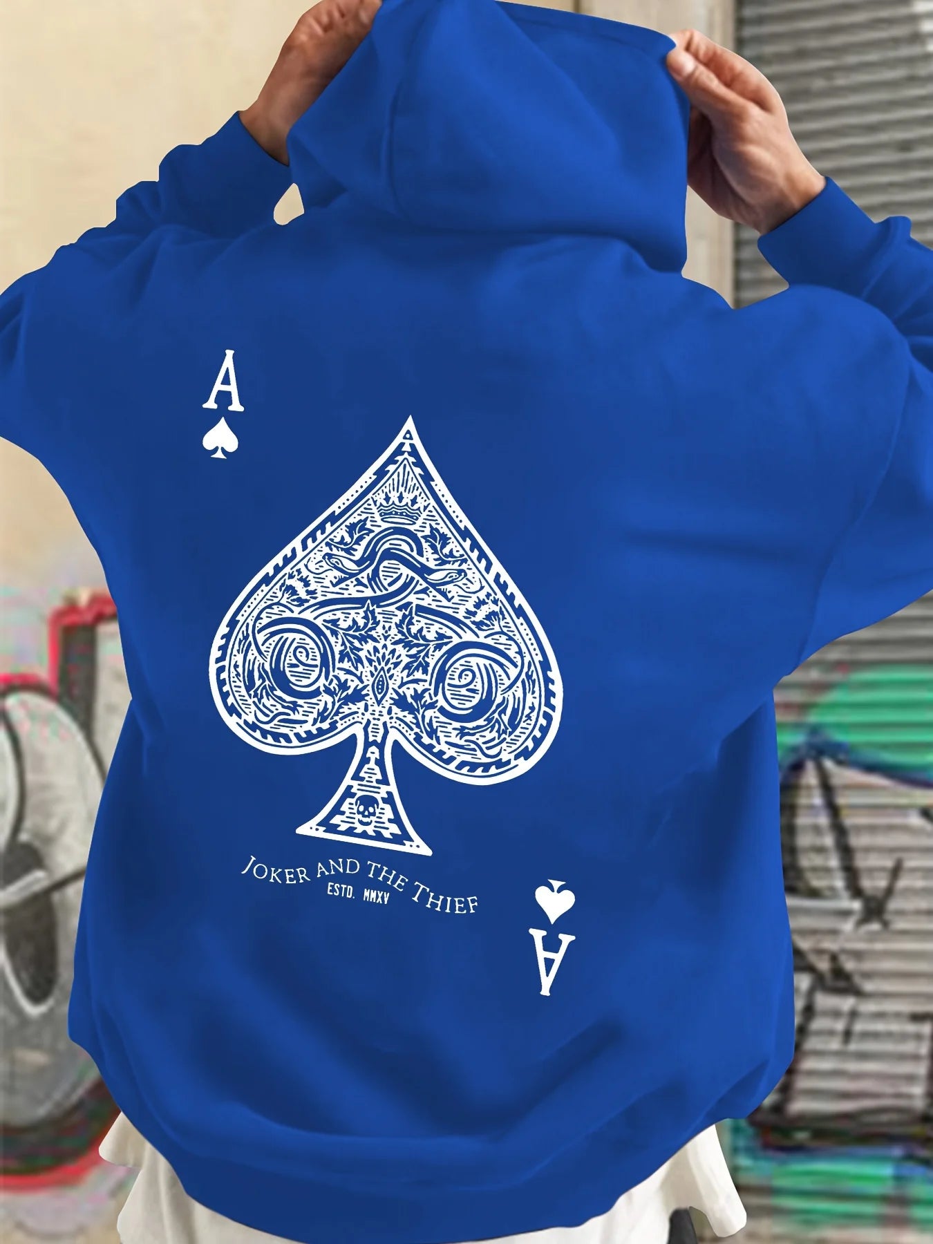 Men's autumn and winter casual fashion loose back poker card A graphic printed long sleeved hooded sweatshirt warm pullover BAZAARHUBO