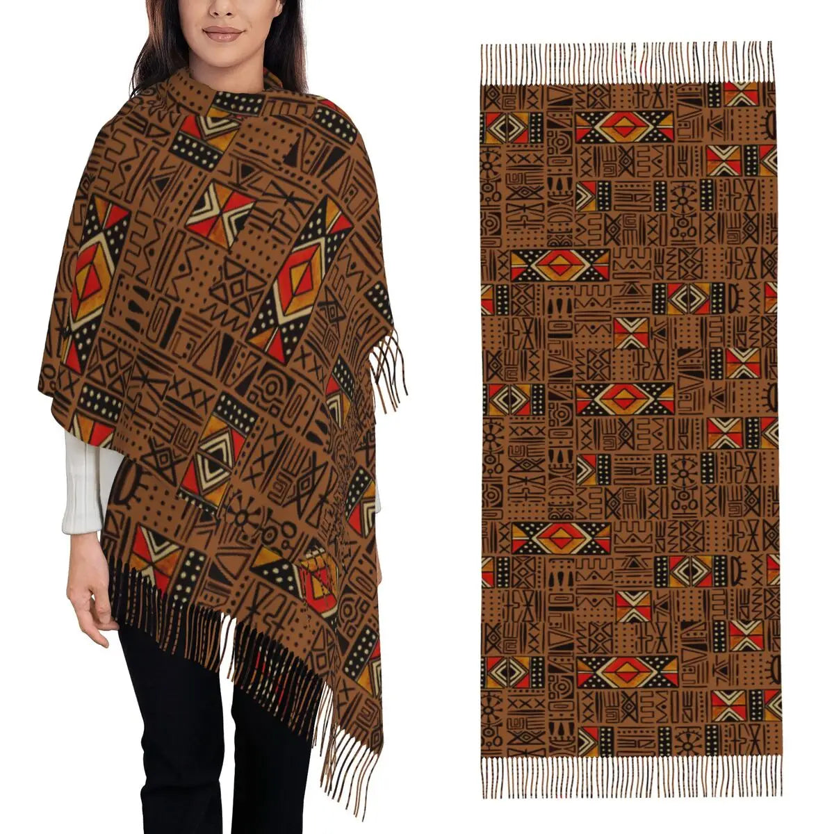African Bogolan Africa Ethnic Tribal Art  Scarf Tassel Scarves Women Soft Warm Shawls and Wraps Large Fall Winter Shawl Wrap