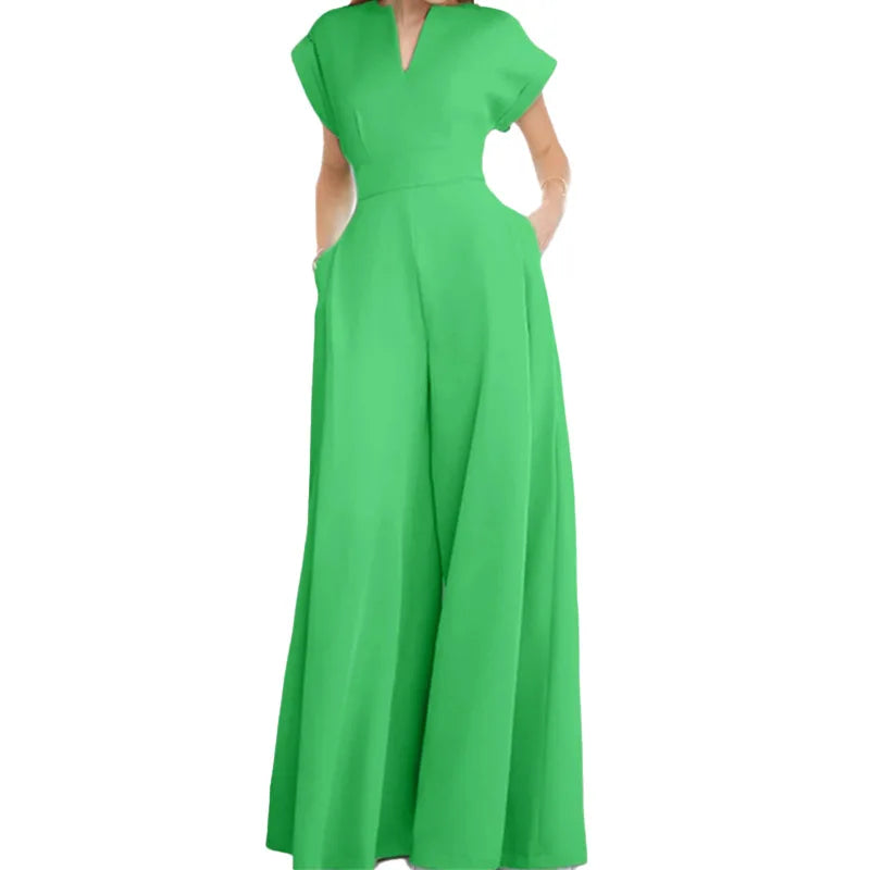Elegant Solid Color V Neck Jumpsuit For Women High Waist Wide Leg Trousers With Pockets, Formal Office & Party Outfit