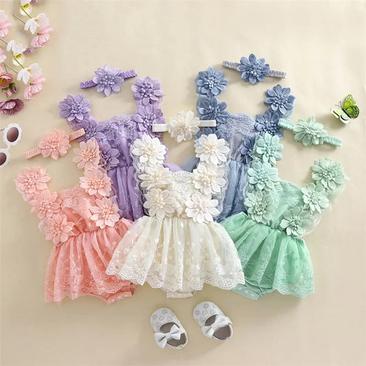 0-24 Months Baby Girl Romper Dress Outfit Flower Embroidery Tie-Up Mesh Bodysuits Bow Headband 2 Piece Summer Set