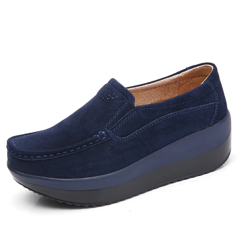Women's Spring Autumn Genuine Leather Loafers - Fall Slip-On Round Toe Navy Platform Casual Flat Shoes