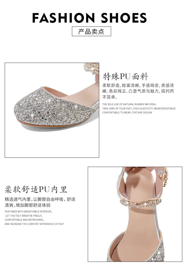 Princess Kids Leather Shoes Girls Sandal Sweet Pearl Casual Glitter Children High Heels Girls Party Dance Shoes Pink Gold Silver