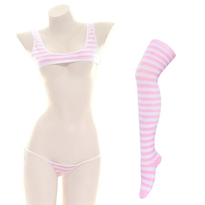 Sexy Women Underwear Set  Striped Bikini Thigh High Stocking Swimsuit Erotic Costumes Cosplay Japanese Anime Bra Briefs
