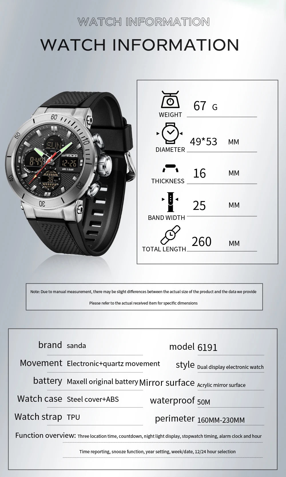 Fashion SANDA 2025 Top Brand 6191 Men New Countdown Stopwatch Waterproof Light Electronic Alarm Clock Time Led Digital Watches
