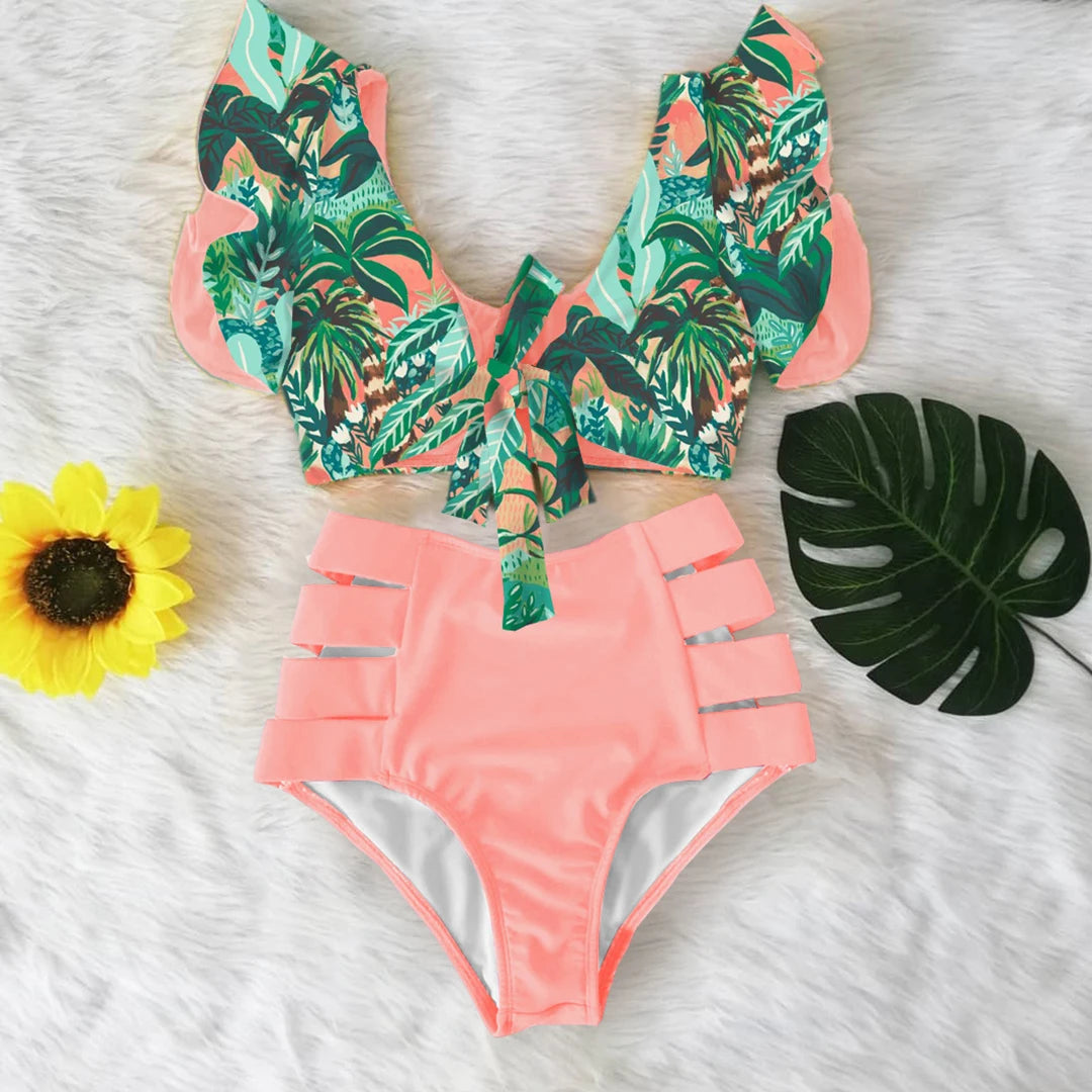 High Waist Ruffled Sexy Bikini Set 2025 Flounce Biquini Swimwear Women Two Pieces Swimsuit Floral Beachwear V-Neck Bathing Suit