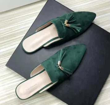 Women Metal Fringe Slippers Flock Shoes Front Closed Toe Khaki Purple Slide For Small And Wide Feet 44-33 22cm Comfortable Tacon